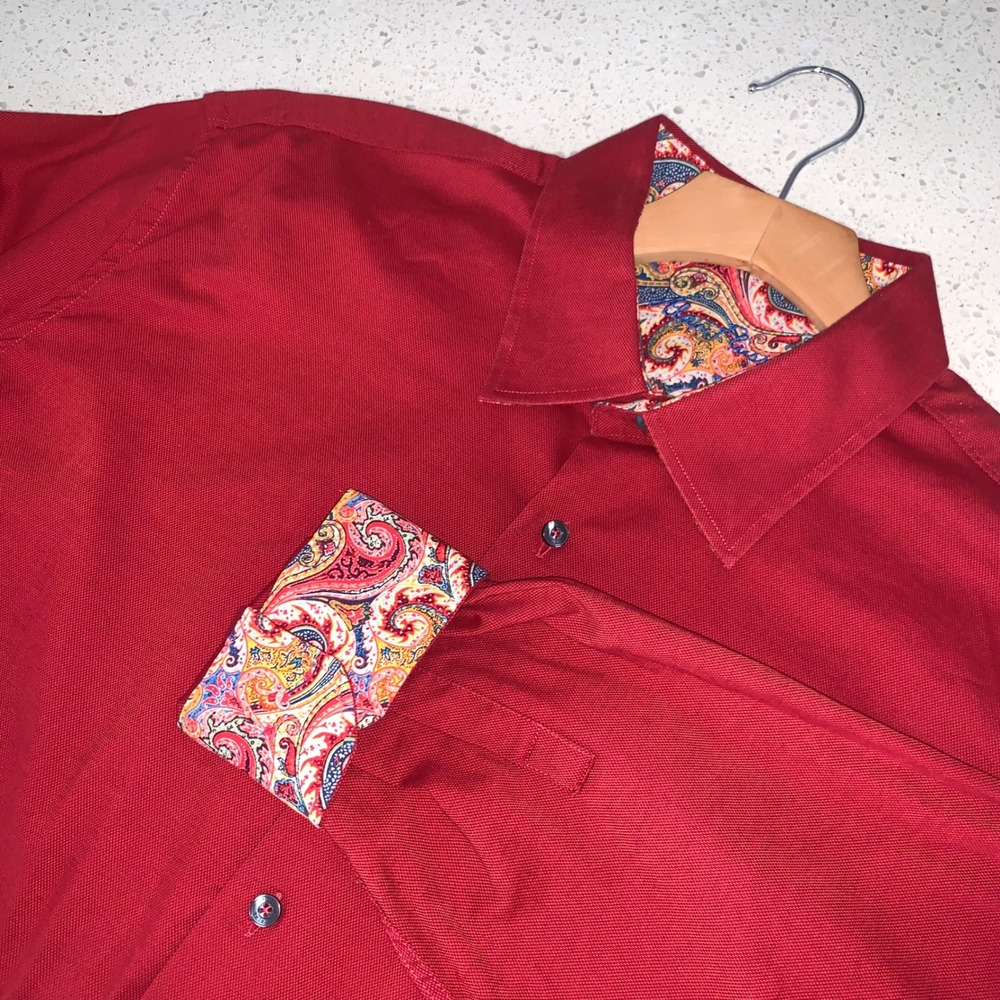 Alan Flusser Mens XL Red Long Sleeve Button Down Shirt Paisley Trim Cotton Blend